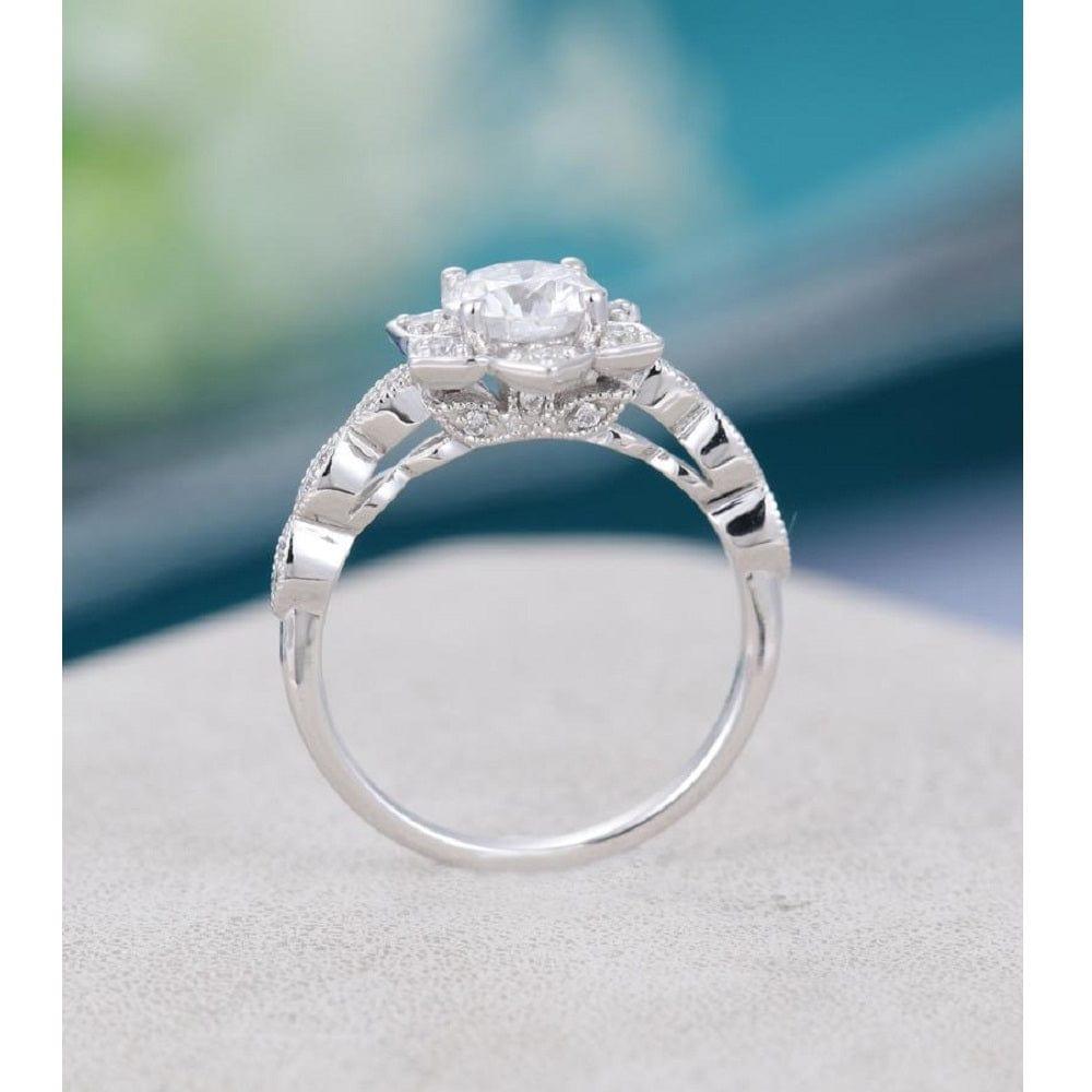 1.00CT Lotus Flower Halo Vintage Milgrain Bridal Moissanite Engagement Ring For Women - JBR Jeweler
