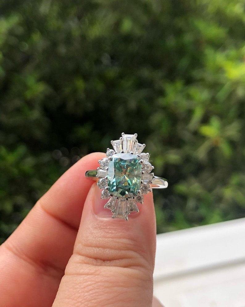 Elongated Cushion Cut Baguette Halo Green Moissanite