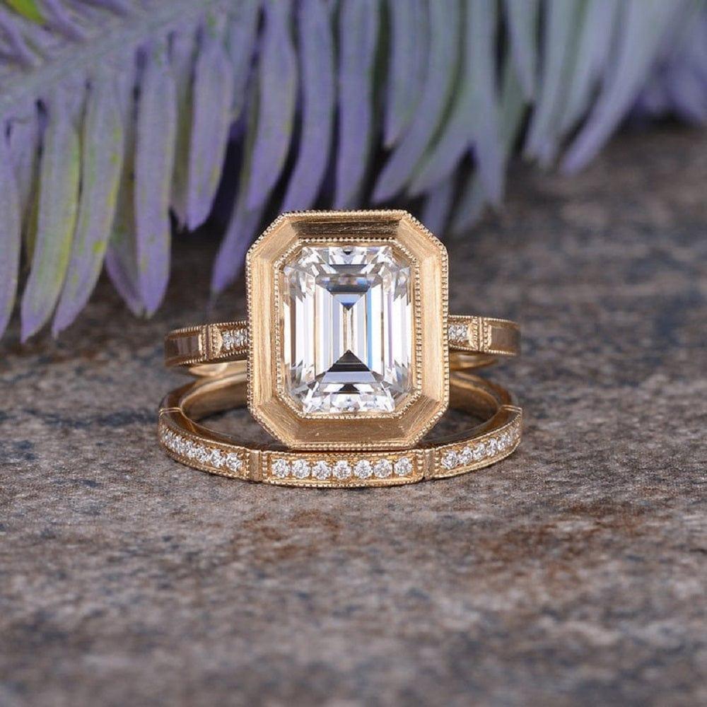 Wedding Band Emerald Bezel Set Ring Emerald Cut Yellow Gold Bridal