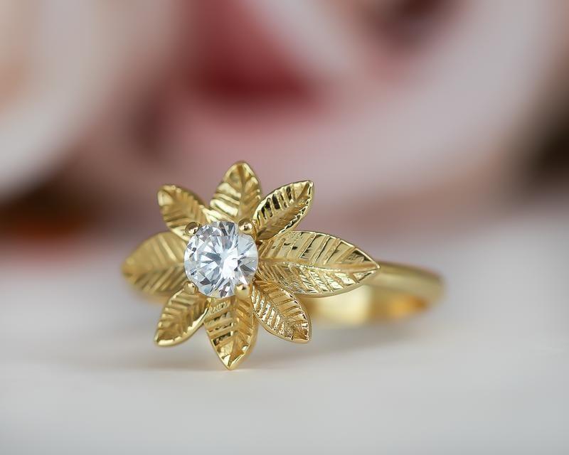 5.50MM Round Cut White Moissanite Yellow Gold Leaves Engagement Promise Ring For Women - JBR Jeweler