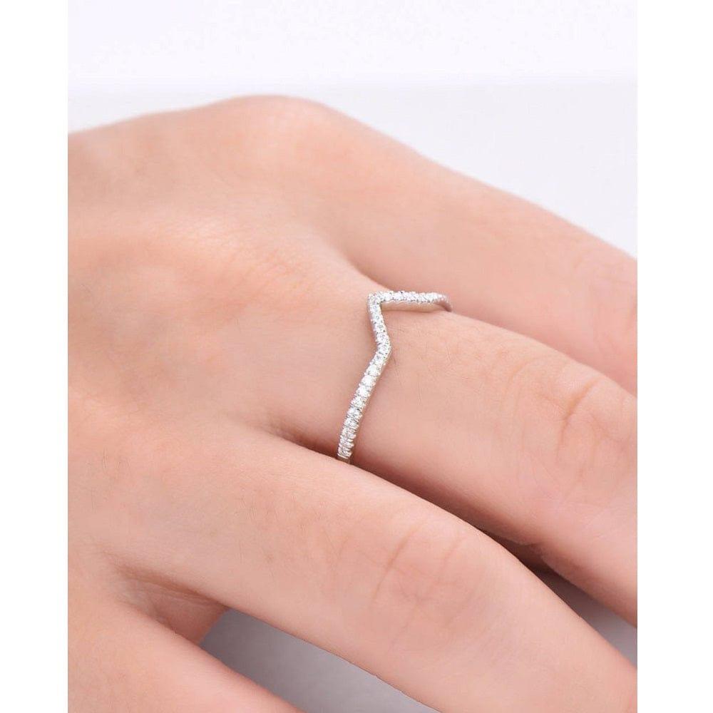 Delicate 14K White Gold V Shaped Chevron Moissanite Wedding Band For Women - JBR Jeweler