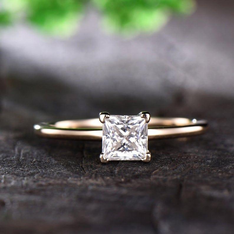 Delicate Princess Cut Moissanite Plain Yellow Gold Band