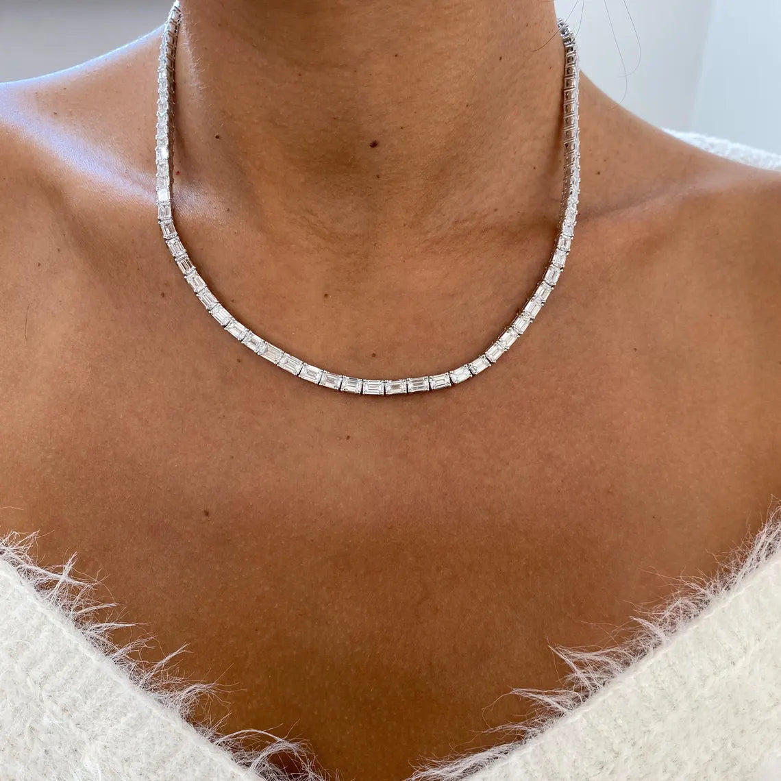 14K Gold Prong Set Emerald Cut Lab Grown Diamond Choker Necklace