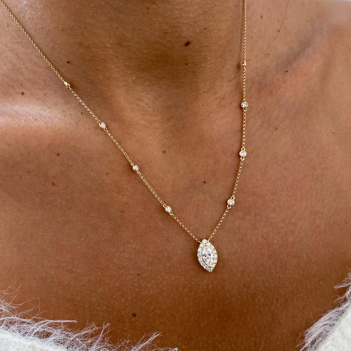 14K Yellow Gold Round & Marquise Cut Cluster Setting Lab-Grown Diamond Pendant Necklace