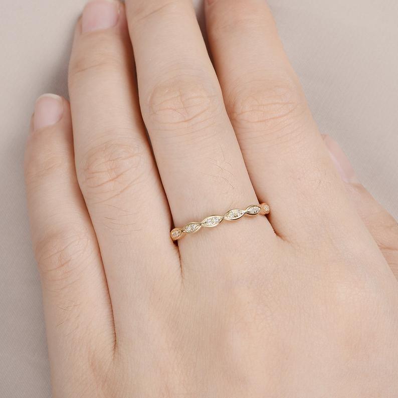 Round Cut Rose Gold Half Eternity Dainty Twist Stacking Minimalist Moissanite Wedding Band - JBR Jeweler