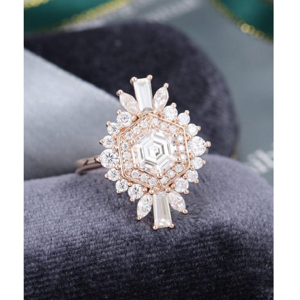 Unique 1.50ct Hexagon Cut Tapered Baguette Shaped Halo Moissanite Engagement Ring - JBR Jeweler