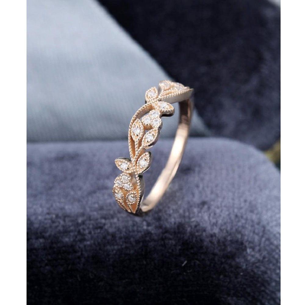 Unique Floral Vintage Yellow Gold Milgrain Stacking Moissanite Wedding Band - JBR Jeweler