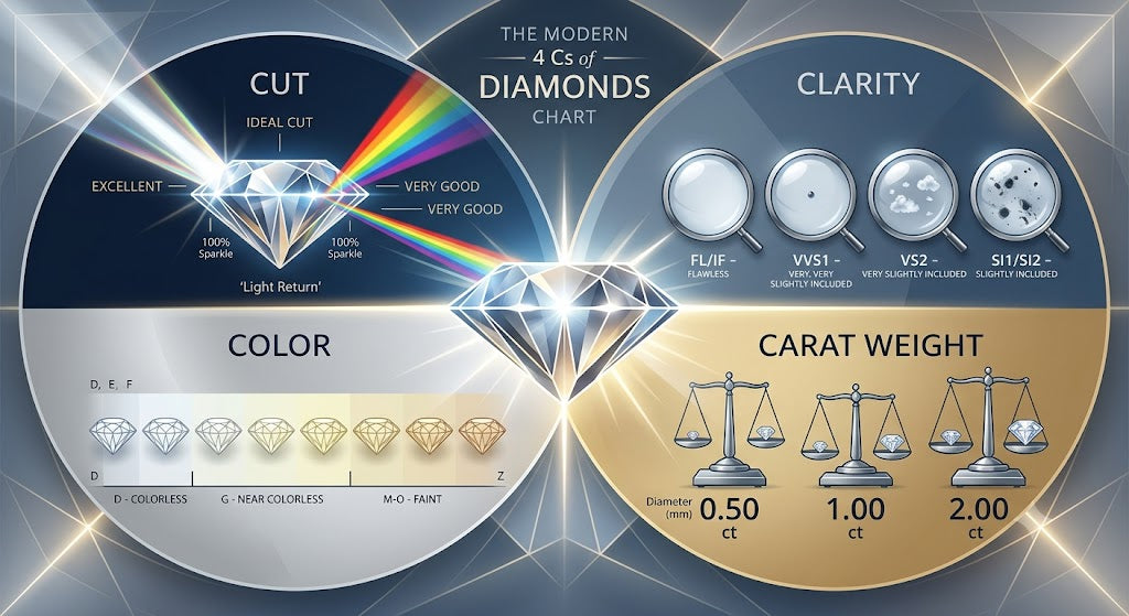 4Cs of Diamonds Explained: Cut, Color, Clarity & Carat Chart