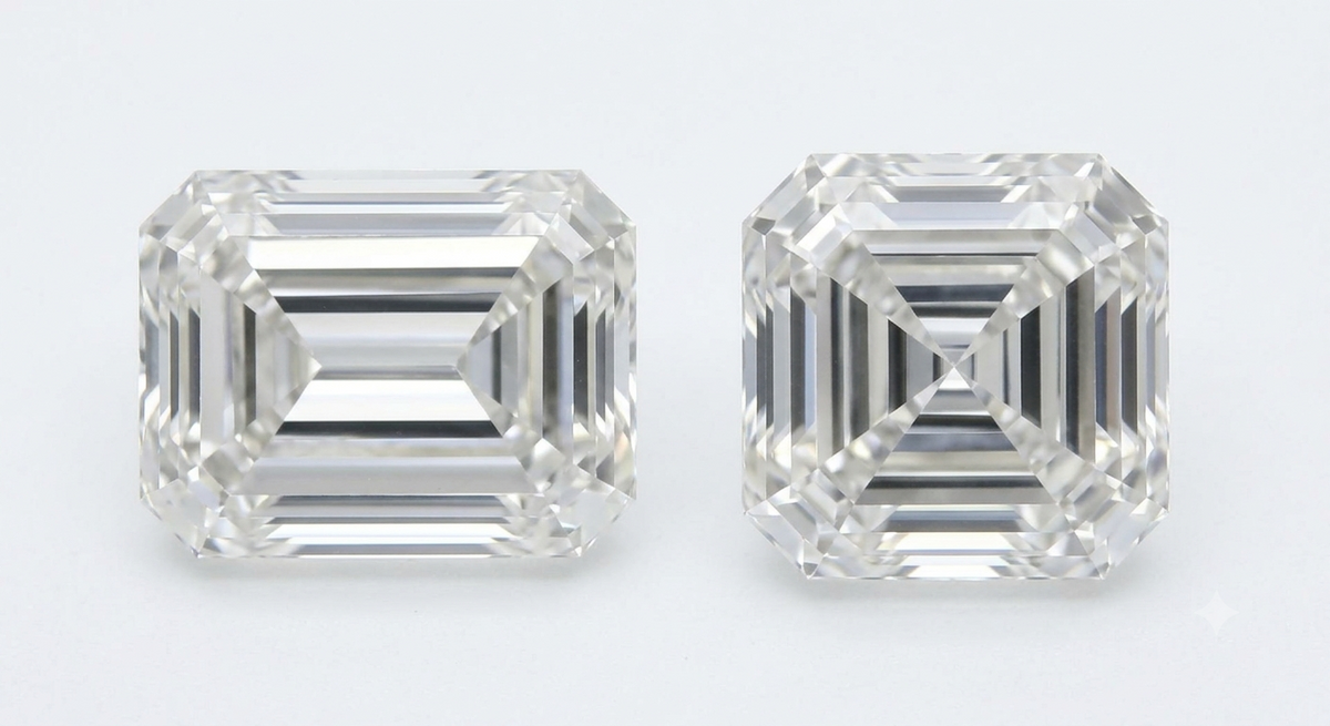 Asscher cut vs emerald cut lab-grown diamonds shown side by side from above