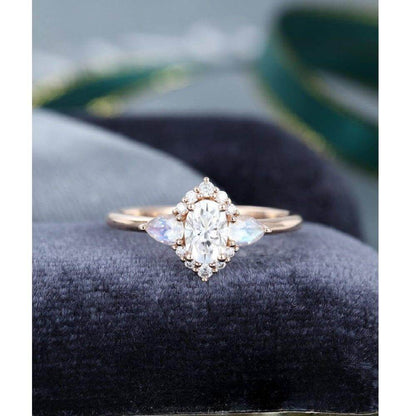 0.50CT Oval Cut Rose Gold Unique Pear Moonstone Cluster Halo Moissanite Engagement Ring - JBR Jeweler