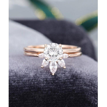 0.70Ct Round Cut Moissanite Engagement Ring Set With Marquise Shape Matching Band - JBR Jeweler