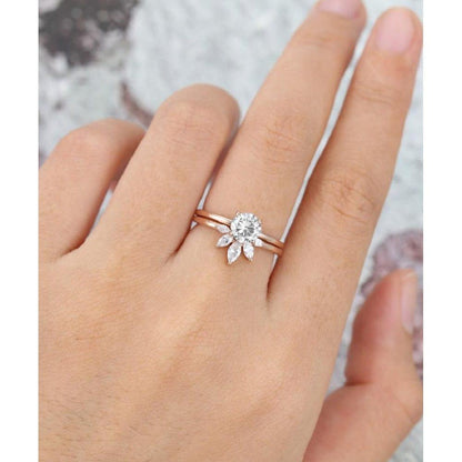 0.70Ct Round Cut Moissanite Engagement Ring Set With Marquise Shape Matching Band - JBR Jeweler