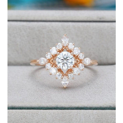 0.70CT Round Cut Rose Gold Cluster Antique Floral Wedding Moissanite Engagement Ring - JBR Jeweler