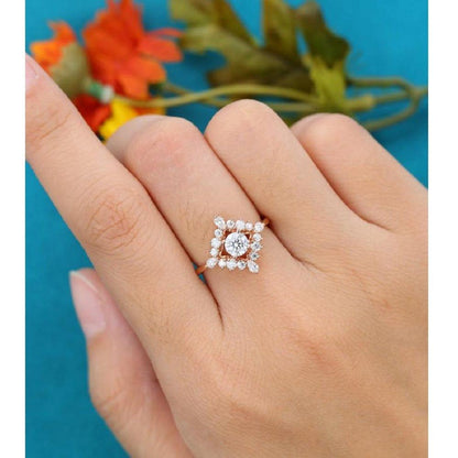 0.70CT Round Cut Rose Gold Cluster Antique Floral Wedding Moissanite Engagement Ring - JBR Jeweler