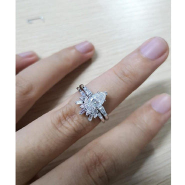 0.75 Pear Shaped White Gold Diamond Baguette Moissanite Engagement Ring Set - JBR Jeweler