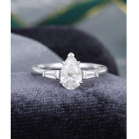 0.75 Pear Shaped White Gold Diamond Baguette Moissanite Engagement Ring Set - JBR Jeweler