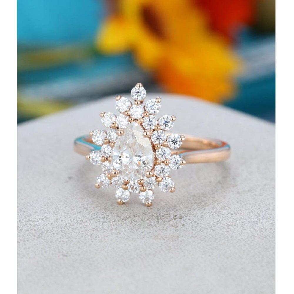 0.75CT Pear Cut Rose Gold Floral Halo Set Women Moissanite Engagement Ring - JBR Jeweler