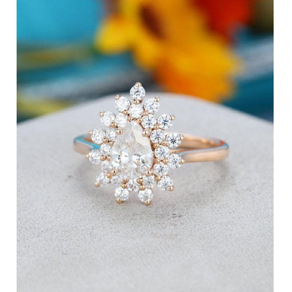 0.75CT Pear Cut Rose Gold Floral Halo Set Women Moissanite Engagement Ring - JBR Jeweler