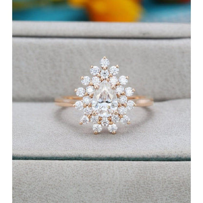 0.75CT Pear Cut Rose Gold Floral Halo Set Women Moissanite Engagement Ring - JBR Jeweler