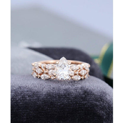 0.75CT Pear Cut Rose Gold Vintage Half Eternity Wedding Band Moissanite Engagement Ring - JBR Jeweler