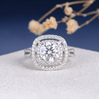 1.00 CT Cushion Cut Double Halo Split Shank Tapered Moissanite Engagement Ring - JBR Jeweler