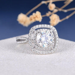 1.00 CT Cushion Cut Double Halo Split Shank Tapered Moissanite Engagement Ring - JBR Jeweler