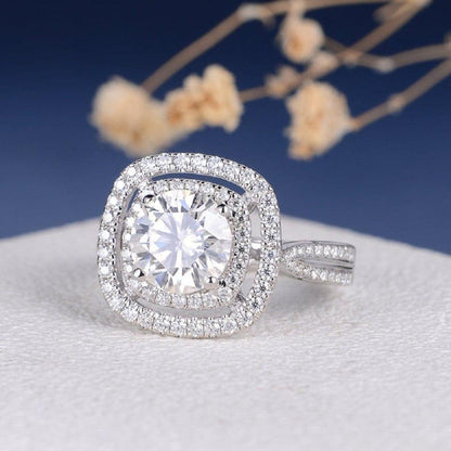 1.00 CT Cushion Cut Double Halo Split Shank Tapered Moissanite Engagement Ring - JBR Jeweler