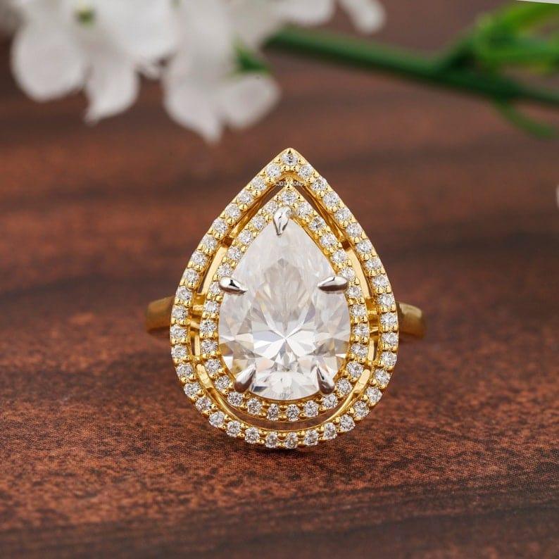 Bizonmark Rings 1.00 CT Pear Cut Diamond Double Halo Moissanite Engagement Ring - – JBR ...