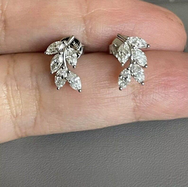 1.00 TCW Marquise Cut Leaf Design Moissanite Stud Earring - JBR Jeweler