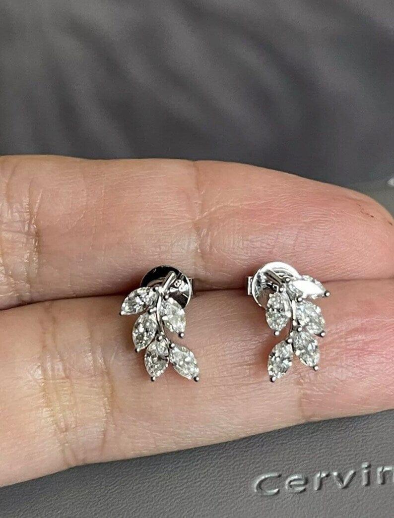 1.00 TCW Marquise Cut Leaf Design Moissanite Stud Earring - JBR Jeweler