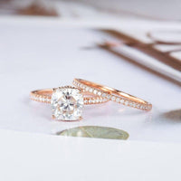 1.00CT Cushion Cut Rose Gold Hidden Halo Bridal Wedding Moissanite Engagement Ring Set - JBR Jeweler