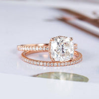 1.00CT Cushion Cut Rose Gold Hidden Halo Bridal Wedding Moissanite Engagement Ring Set - JBR Jeweler