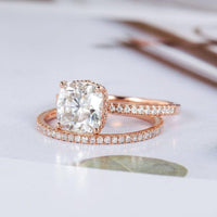 1.00CT Cushion Cut Rose Gold Hidden Halo Bridal Wedding Moissanite Engagement Ring Set - JBR Jeweler