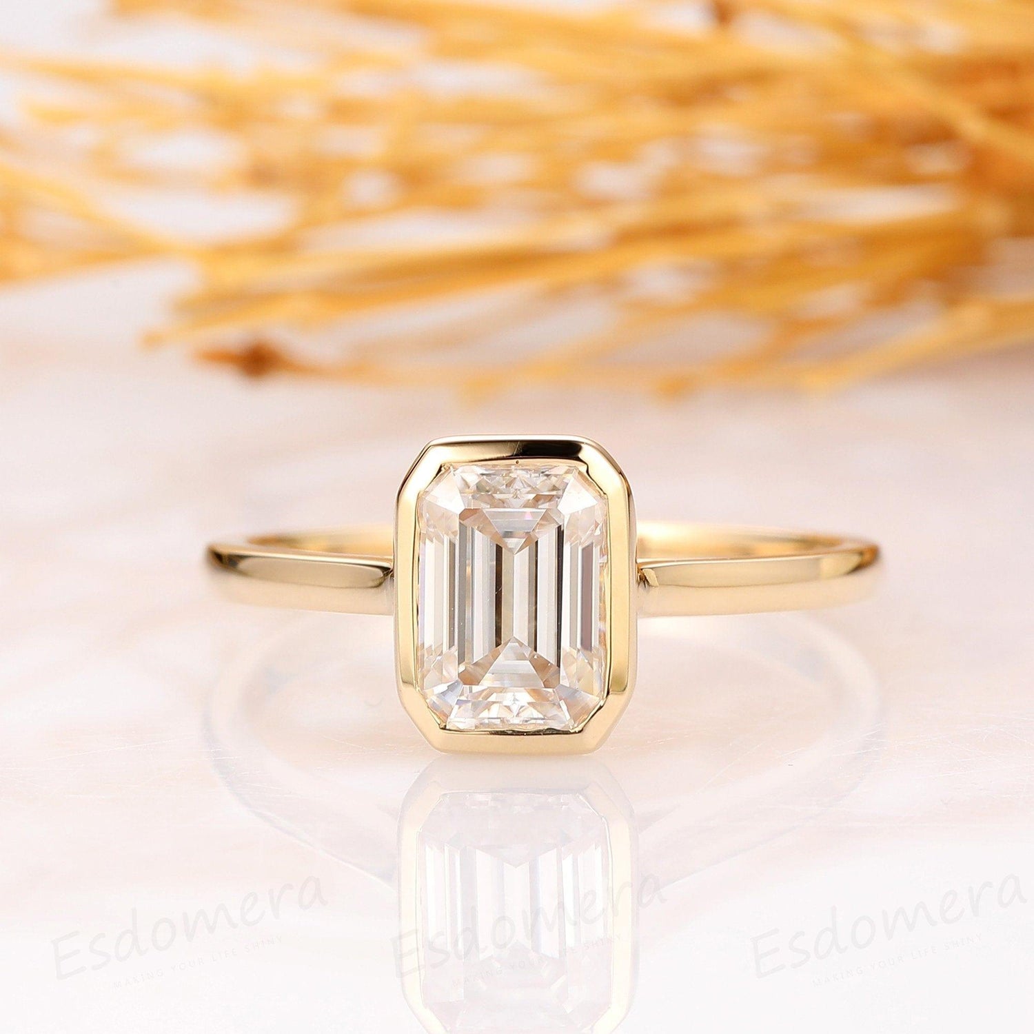 1.00CT Emerald Cut Bezel Set White Moissanite 14K Yellow Gold Engagement Promise Ring - JBR Jeweler