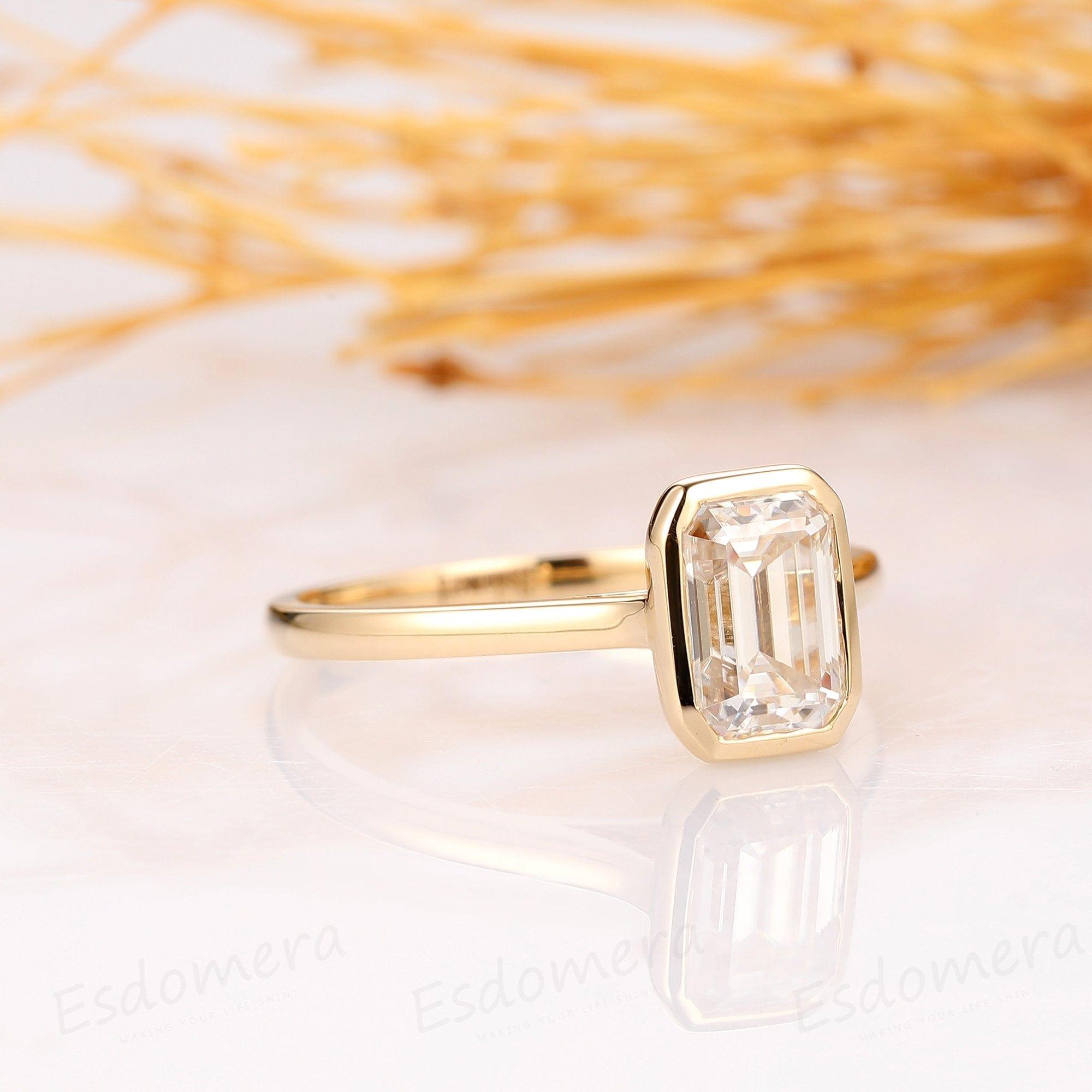 1.00CT Emerald Cut Bezel Set White Moissanite 14K Yellow Gold Engagement Promise Ring - JBR Jeweler