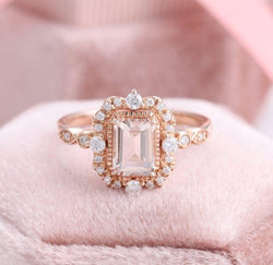 1.00CT Emerald Cut Rose Gold Halo Edwardian Style Moissanite Engagement Wedding Ring - JBR Jeweler