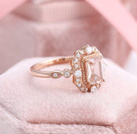 1.00CT Emerald Cut Rose Gold Halo Edwardian Style Moissanite Engagement Wedding Ring - JBR Jeweler