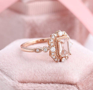 1.00CT Emerald Cut Rose Gold Halo Edwardian Style Moissanite Engagement Wedding Ring - JBR Jeweler