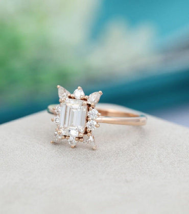 1.00CT Emerald Cut Rose Gold Unique Floral Style Wedding Moissanite Engagement Ring - JBR Jeweler