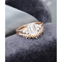 1.00CT Emerald Cut Rose gold Women Curved Black Diamond Moissanite Engagement Ring With Band - JBR Jeweler