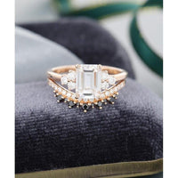 1.00CT Emerald Cut Rose gold Women Curved Black Diamond Moissanite Engagement Ring With Band - JBR Jeweler