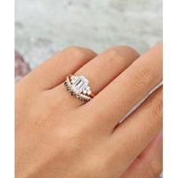 1.00CT Emerald Cut Rose gold Women Curved Black Diamond Moissanite Engagement Ring With Band - JBR Jeweler