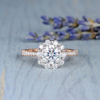 1.00CT Flower Halo Antique Rose Gold White Gold Set Moissanite Engagement Ring - JBR Jeweler