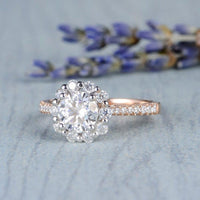 1.00CT Flower Halo Antique Rose Gold White Gold Set Moissanite Engagement Ring - JBR Jeweler