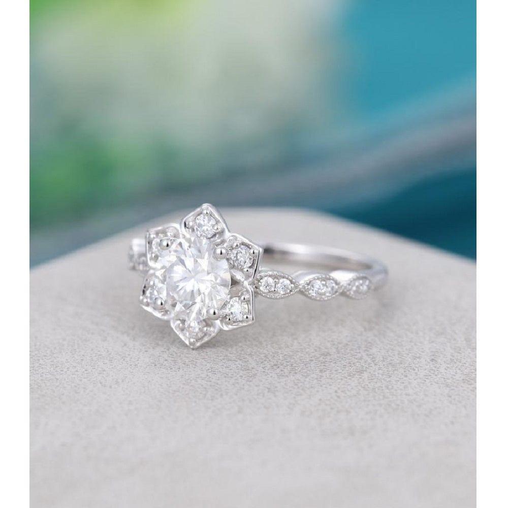 1.00CT Lotus Flower Halo Vintage Milgrain Bridal Moissanite Engagement Ring For Women - JBR Jeweler