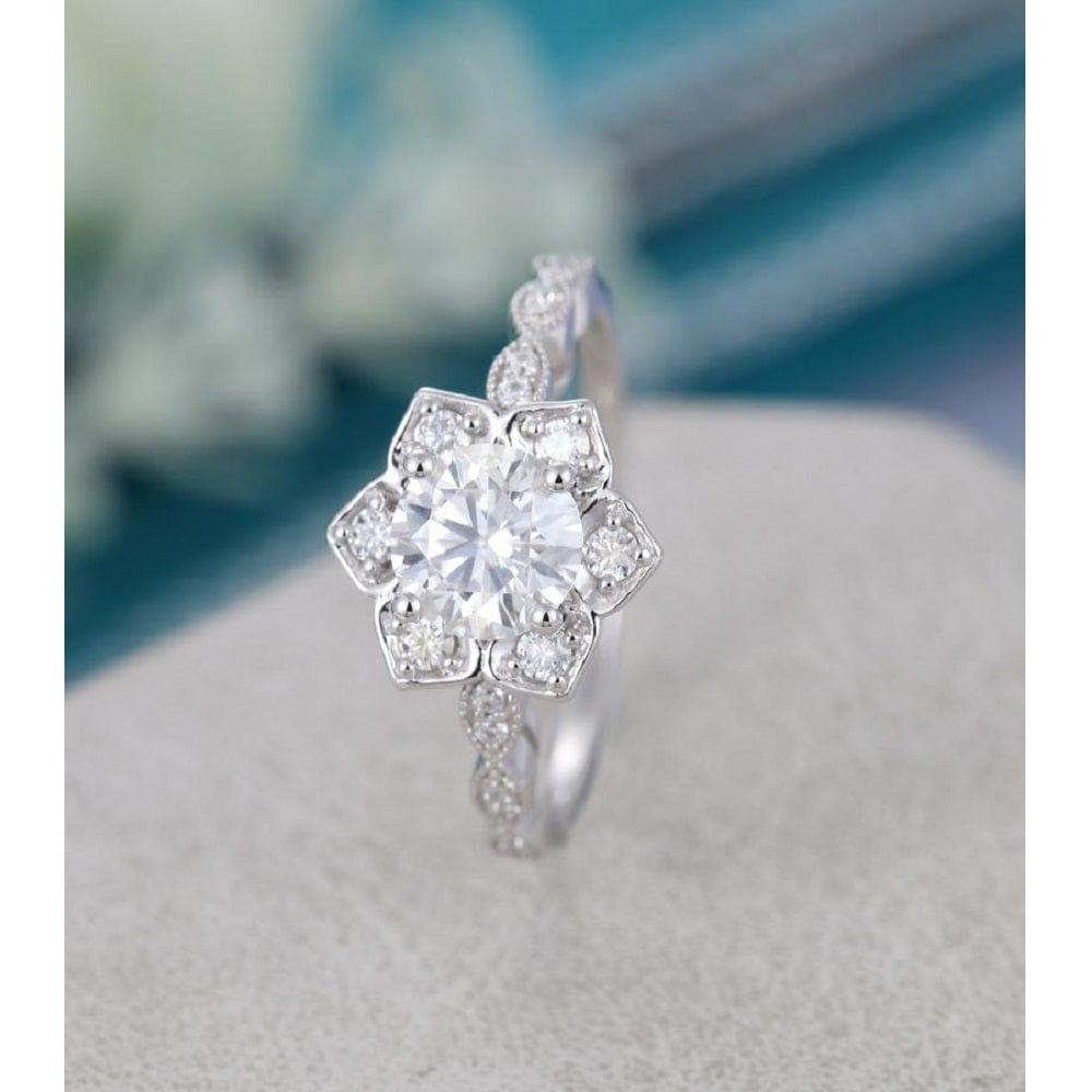 1.00CT Lotus Flower Halo Vintage Milgrain Bridal Moissanite Engagement Ring For Women - JBR Jeweler