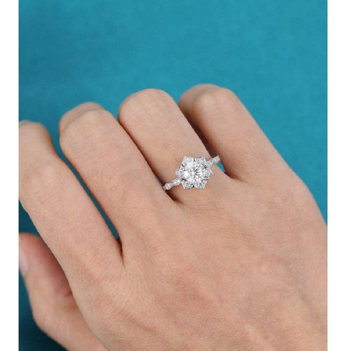 1.00CT Lotus Flower Halo Vintage Milgrain Bridal Moissanite Engagement Ring For Women - JBR Jeweler