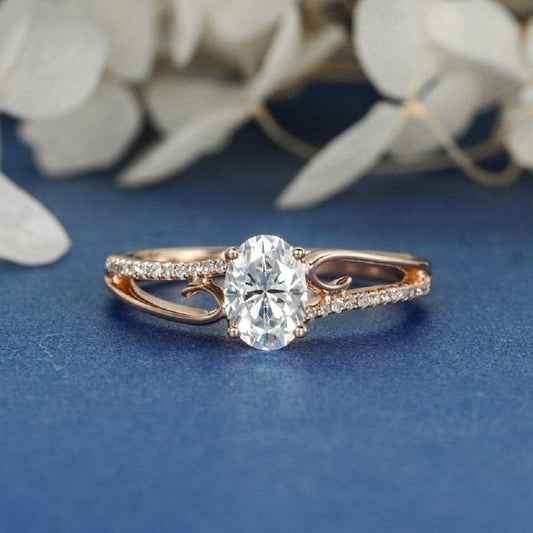 1.00CT Oval Cut Gold Twig Vine Eternity Flower Moissanite Engagement Promise Ring - JBR Jeweler