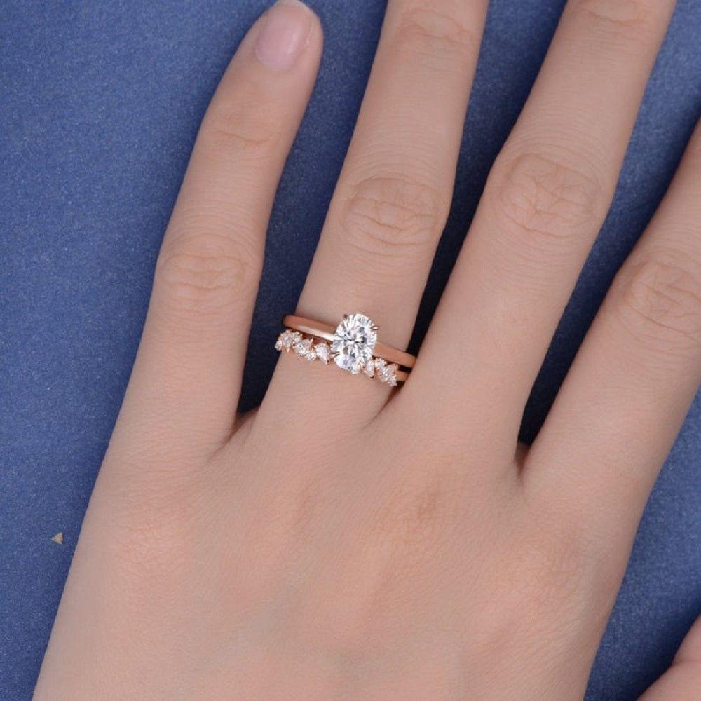 1.00CT Oval Cut Moissanite Solitaire Wedding Ring Set With Pear Cut Matching Band - JBR Jeweler