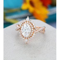 1.00CT Oval Cut Rose Gold Halo Unique Vintage Twisted Moissanite Engagement Ring - JBR Jeweler